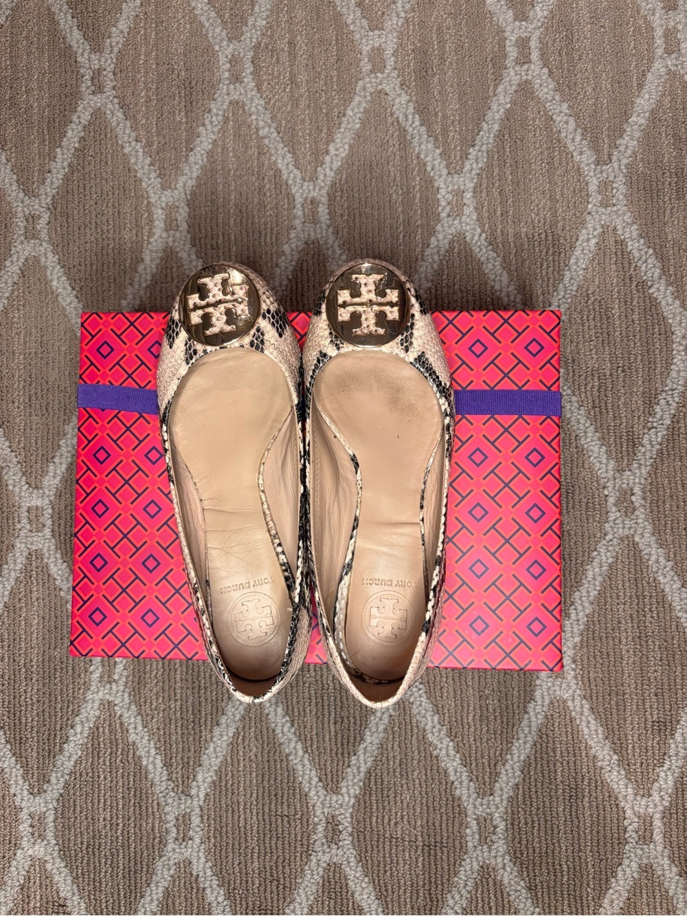 Tory Burch Beige and Black Snake-Print Logo Ballet Flats - Picture 4 of 4